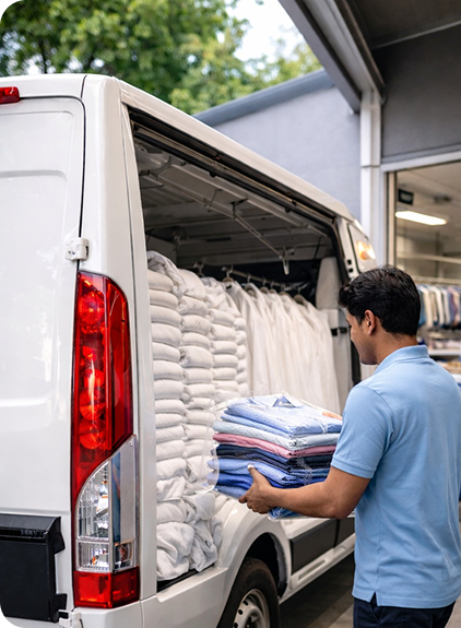 Loading transit van with fresh steam pressed clothes
